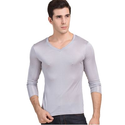 Men's Pure Silk V Neck Long Sleeves Long Johns Top Gray