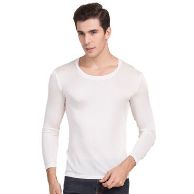 Mens Pure Silk Scoop Neck Long Sleeves Long Johns Top only White