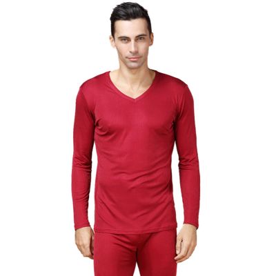 Men's Pure Silk Ribbed Long Johns Bottom & Top Set Red